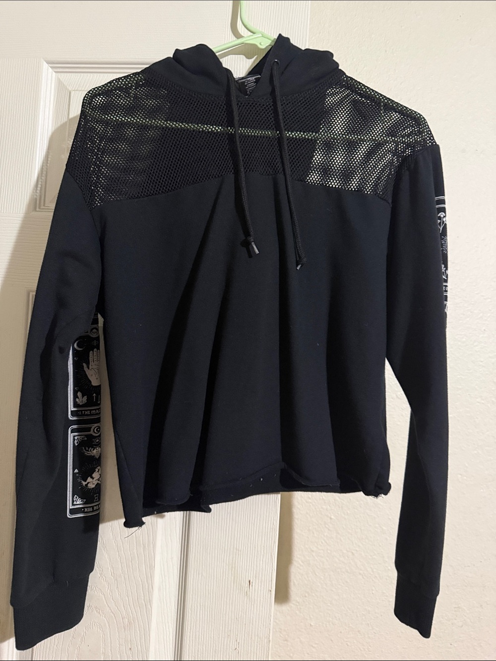 Womens Black Hooded Mesh-Yoke Pullover Sweatshirt with Sleeve Graphics
